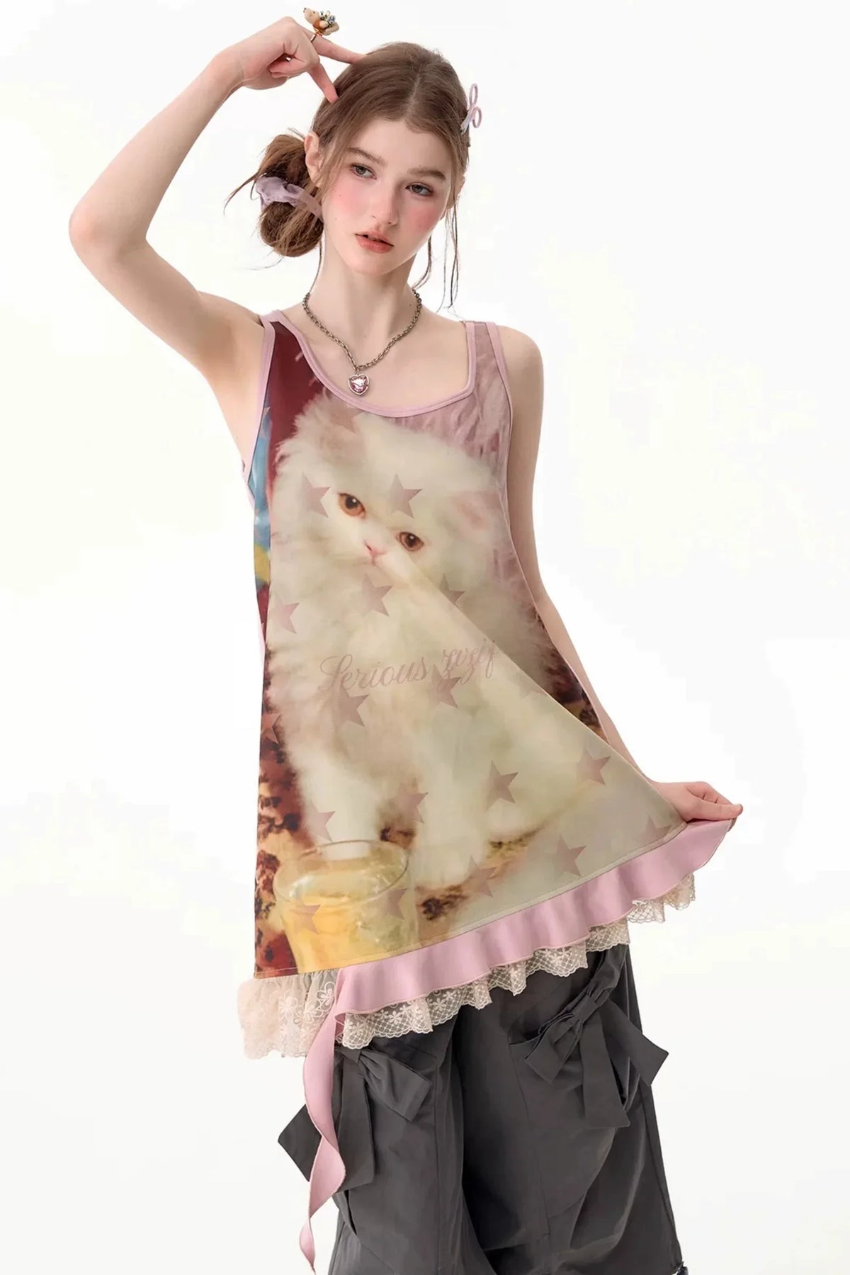 Pink Cat Print Lace Vest Dress