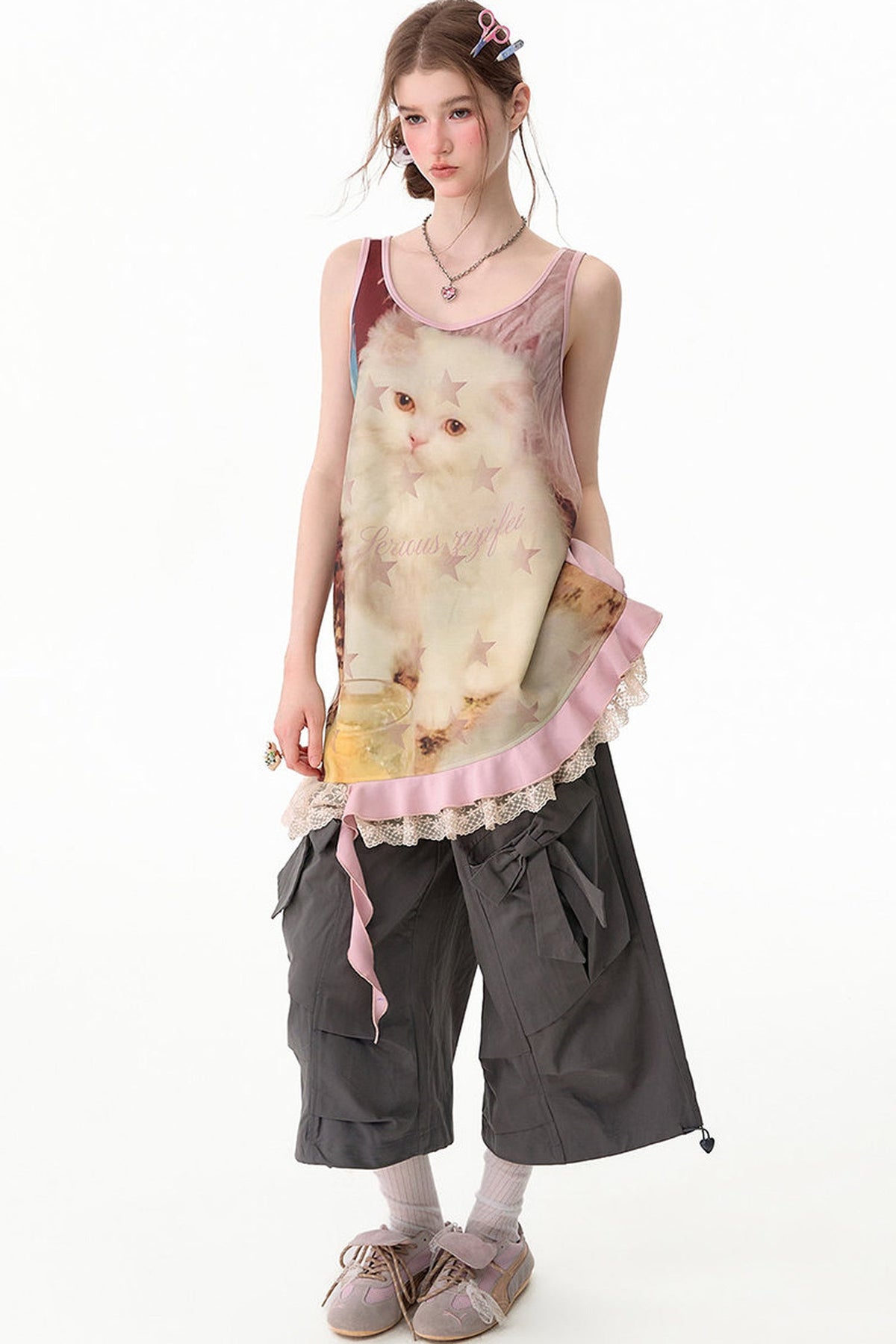 Pink Cat Print Lace Vest Dress