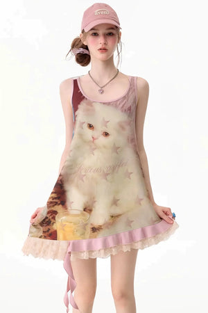 Pink Cat Print Lace Vest Dress