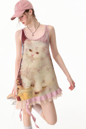 Pink Cat Print Lace Vest Dress