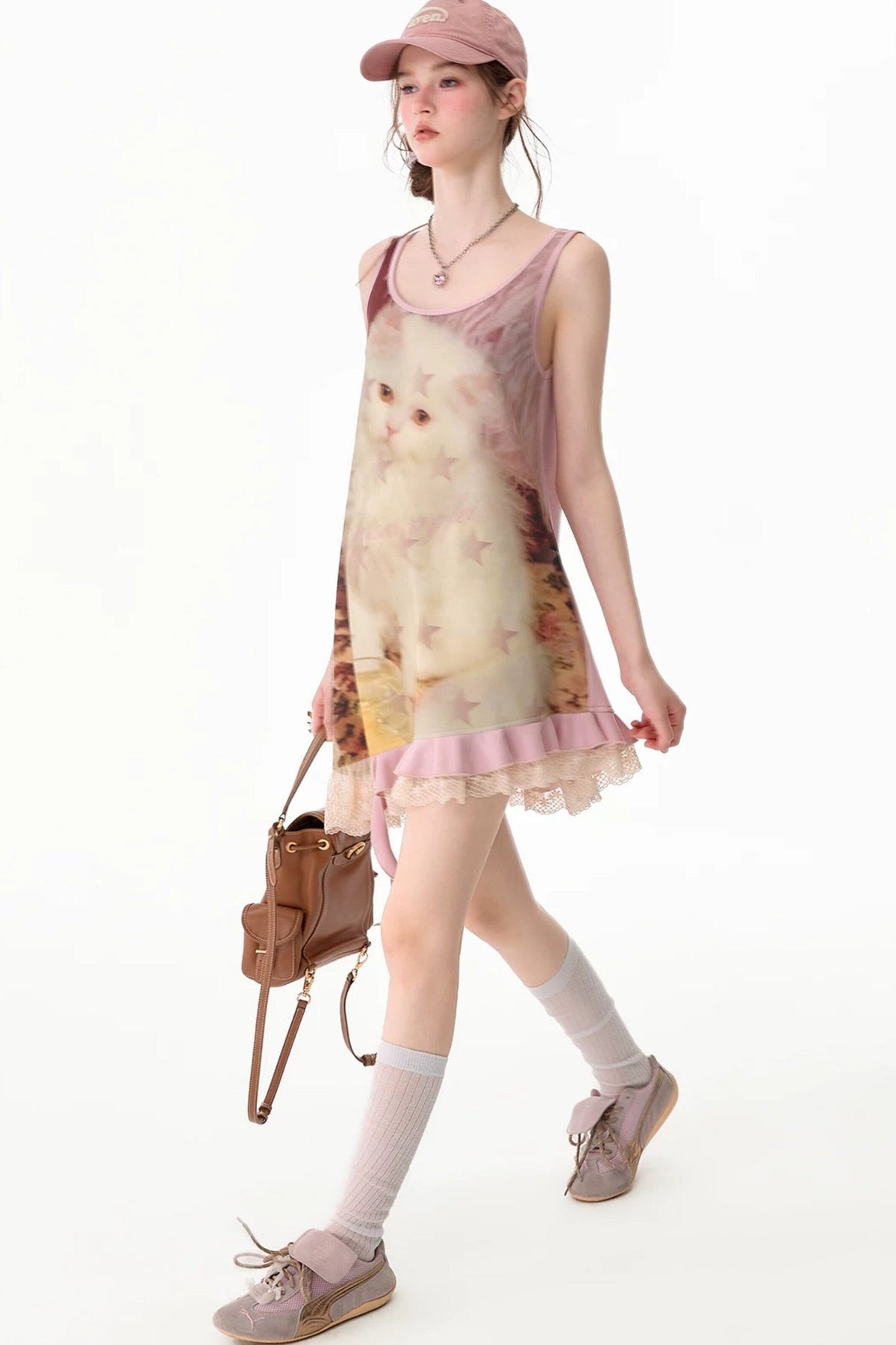 Pink Cat Print Lace Vest Dress