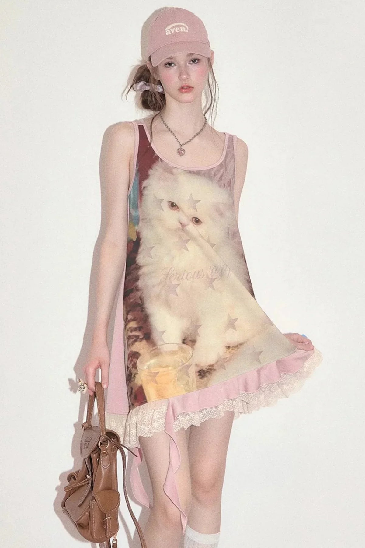 Pink Cat Print Lace Vest Dress