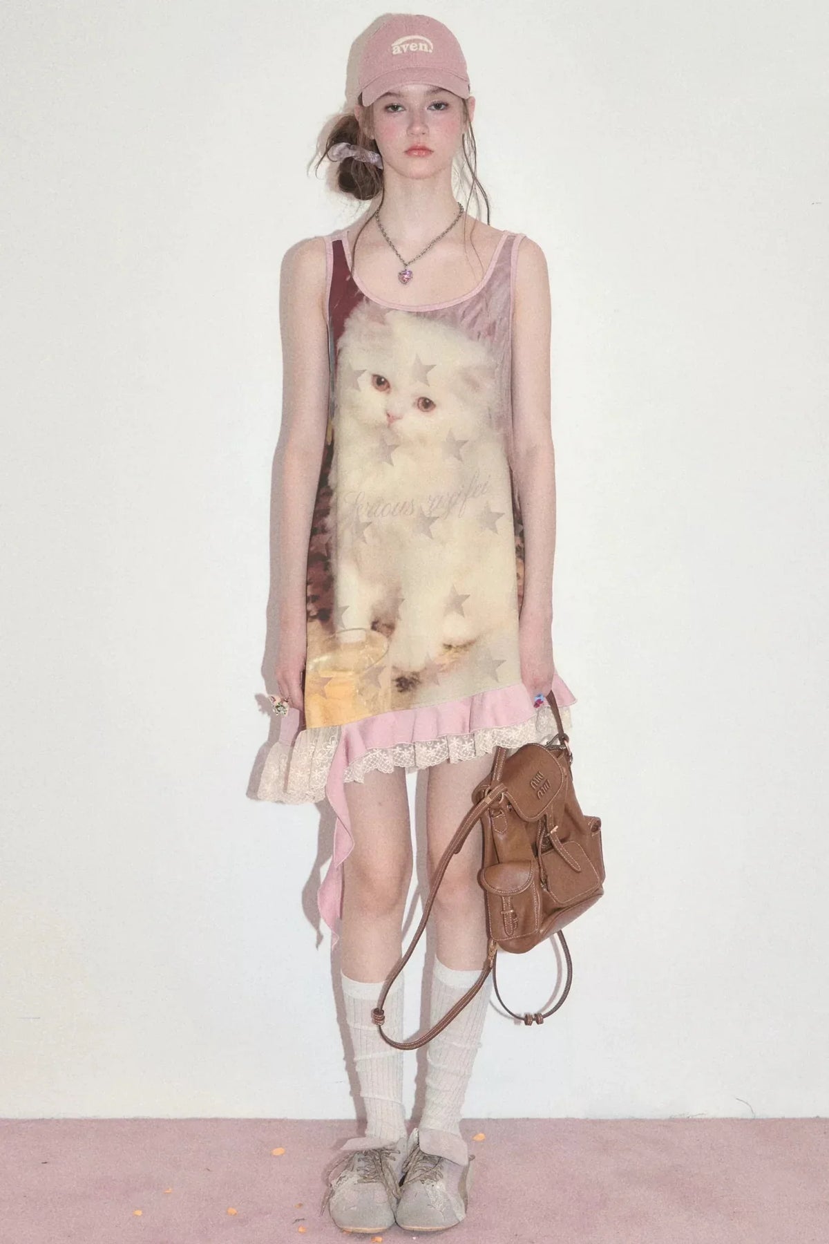 Pink Cat Print Lace Vest Dress