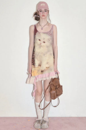 Pink Cat Print Lace Vest Dress