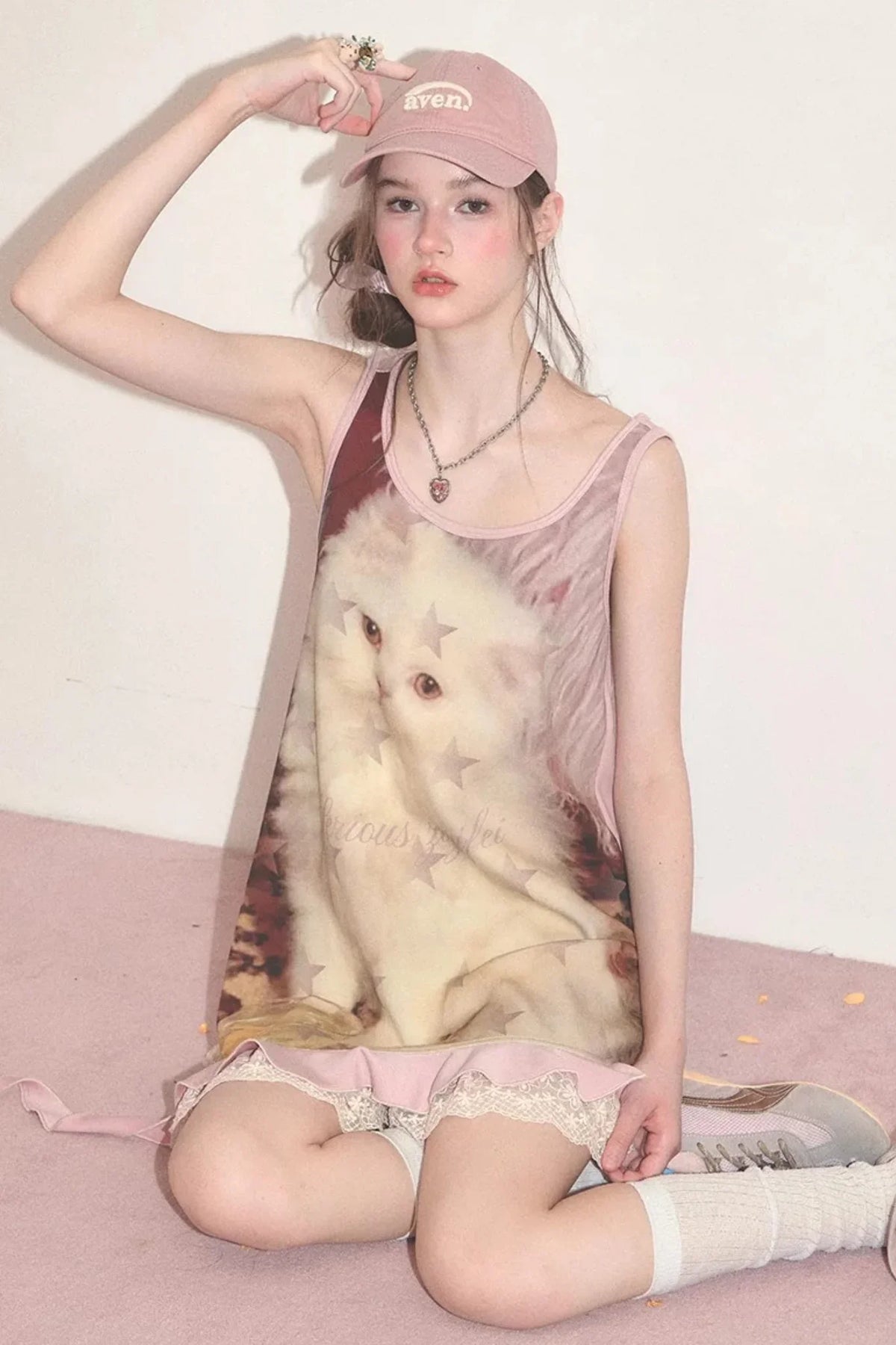 Pink Cat Print Lace Vest Dress