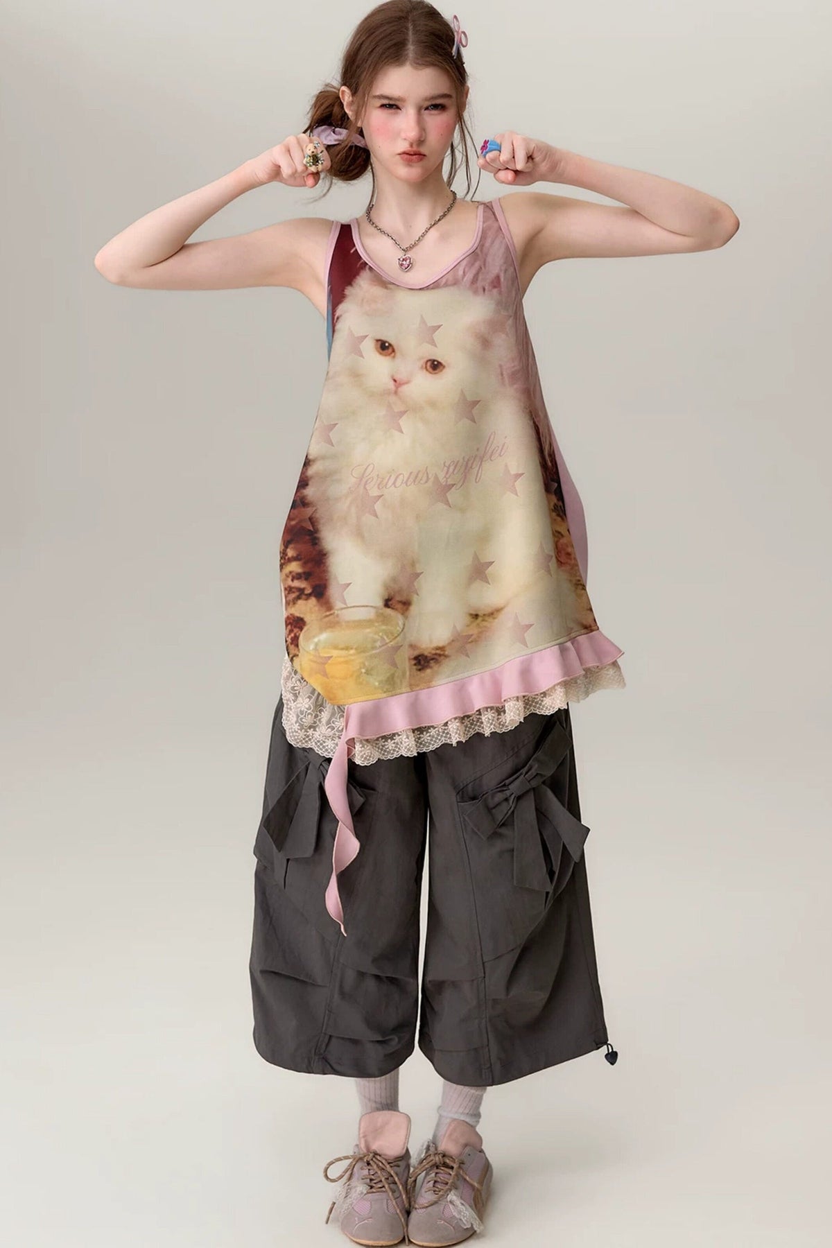 Pink Cat Print Lace Vest Dress
