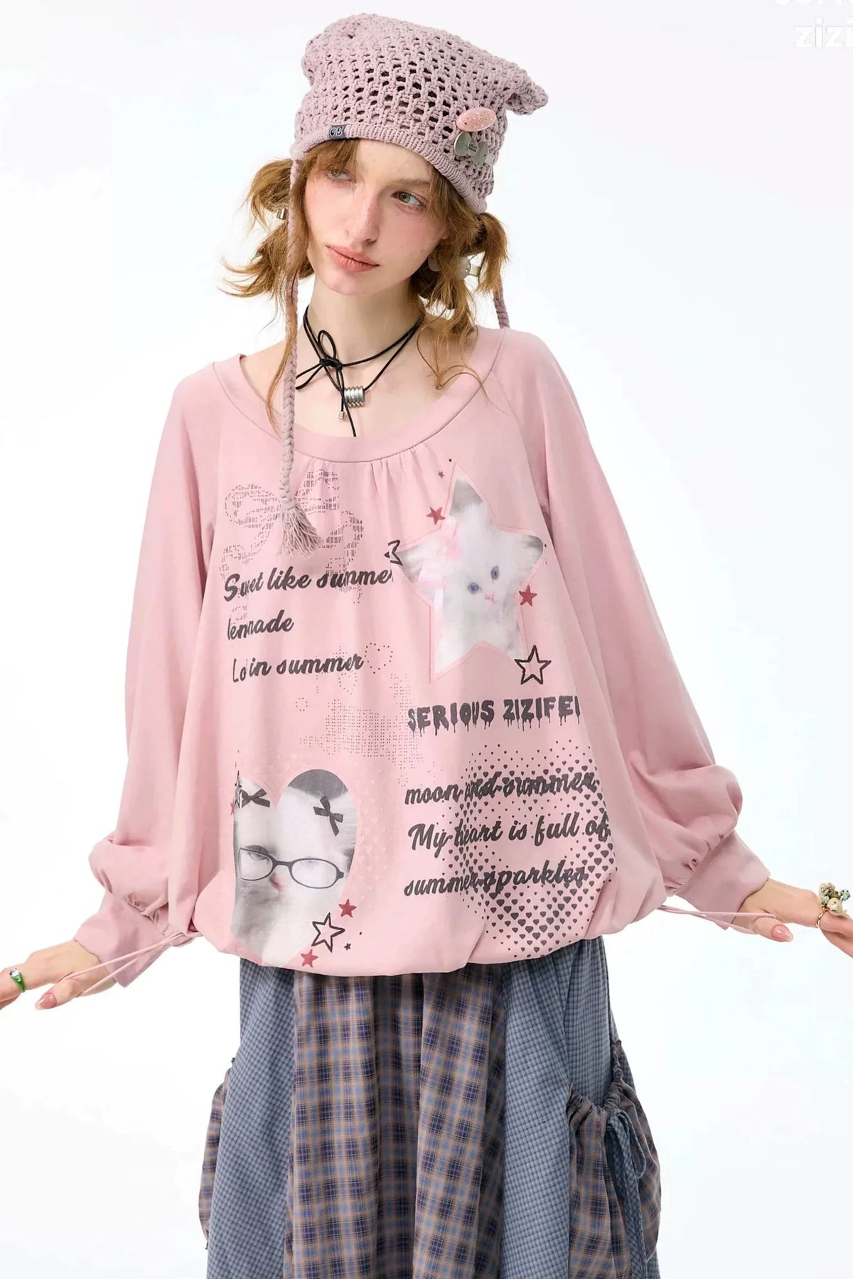 Pink Cat Print Lantern Sleeve Top