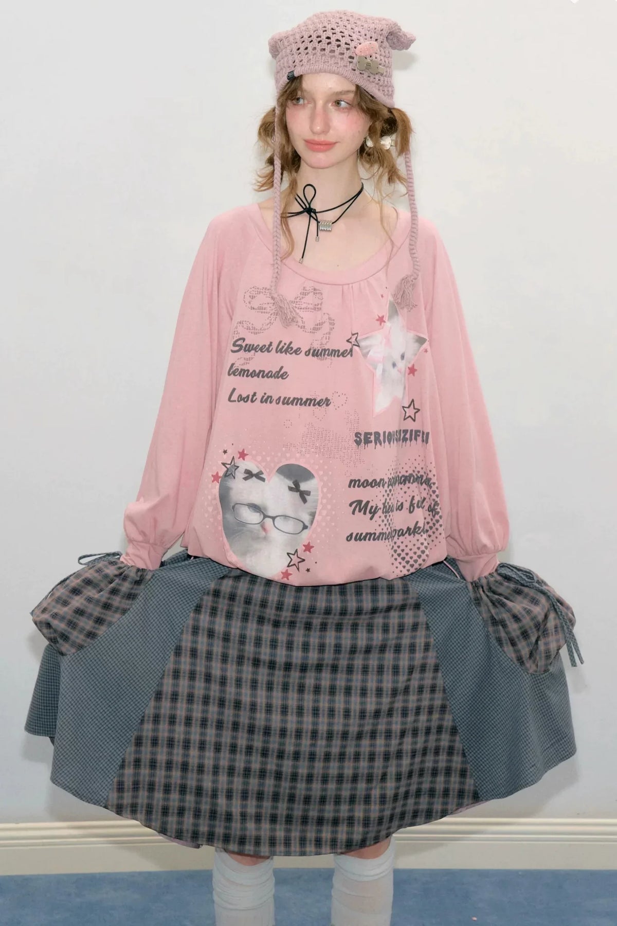 Pink Cat Print Lantern Sleeve Top