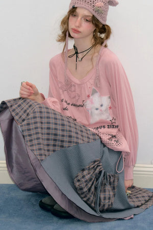 Pink Cat Print Lantern Sleeve Top