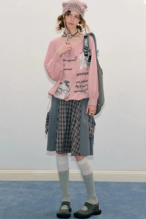 Pink Cat Print Lantern Sleeve Top