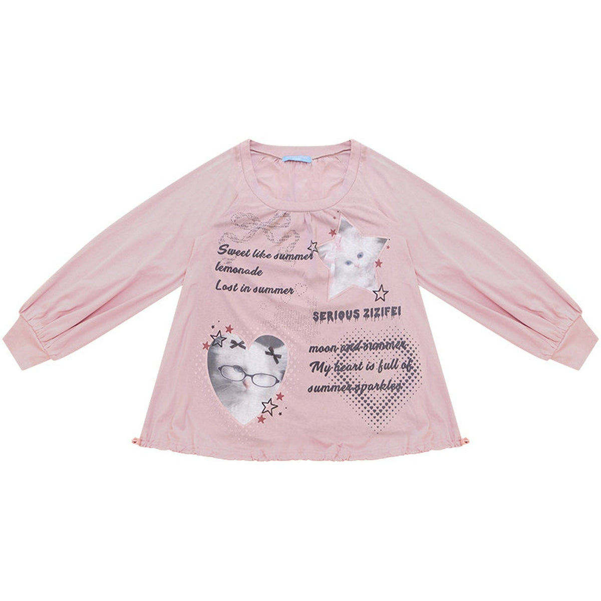 Pink Cat Print Lantern Sleeve Top