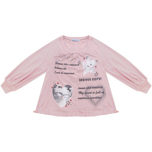Pink Cat Print Lantern Sleeve Top