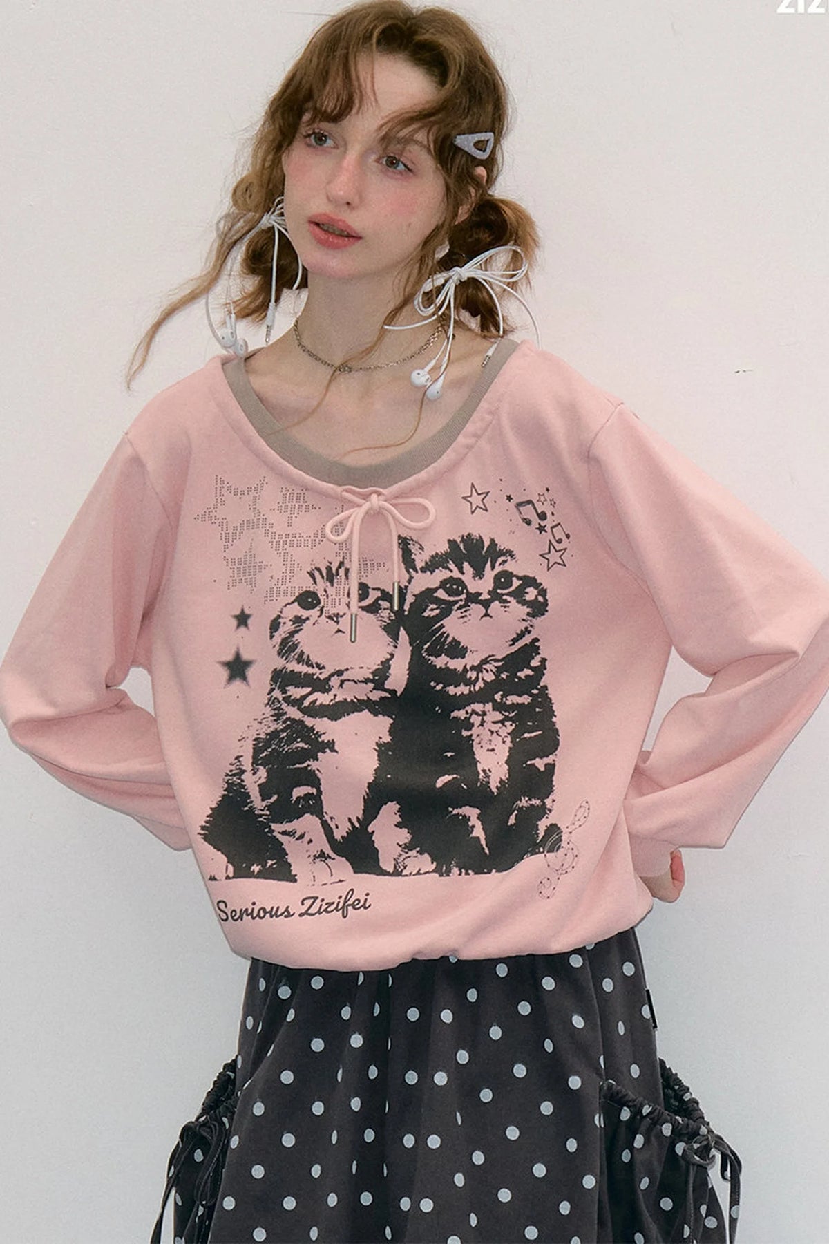 Pink Cat Print Tie Neck Sweatshirt