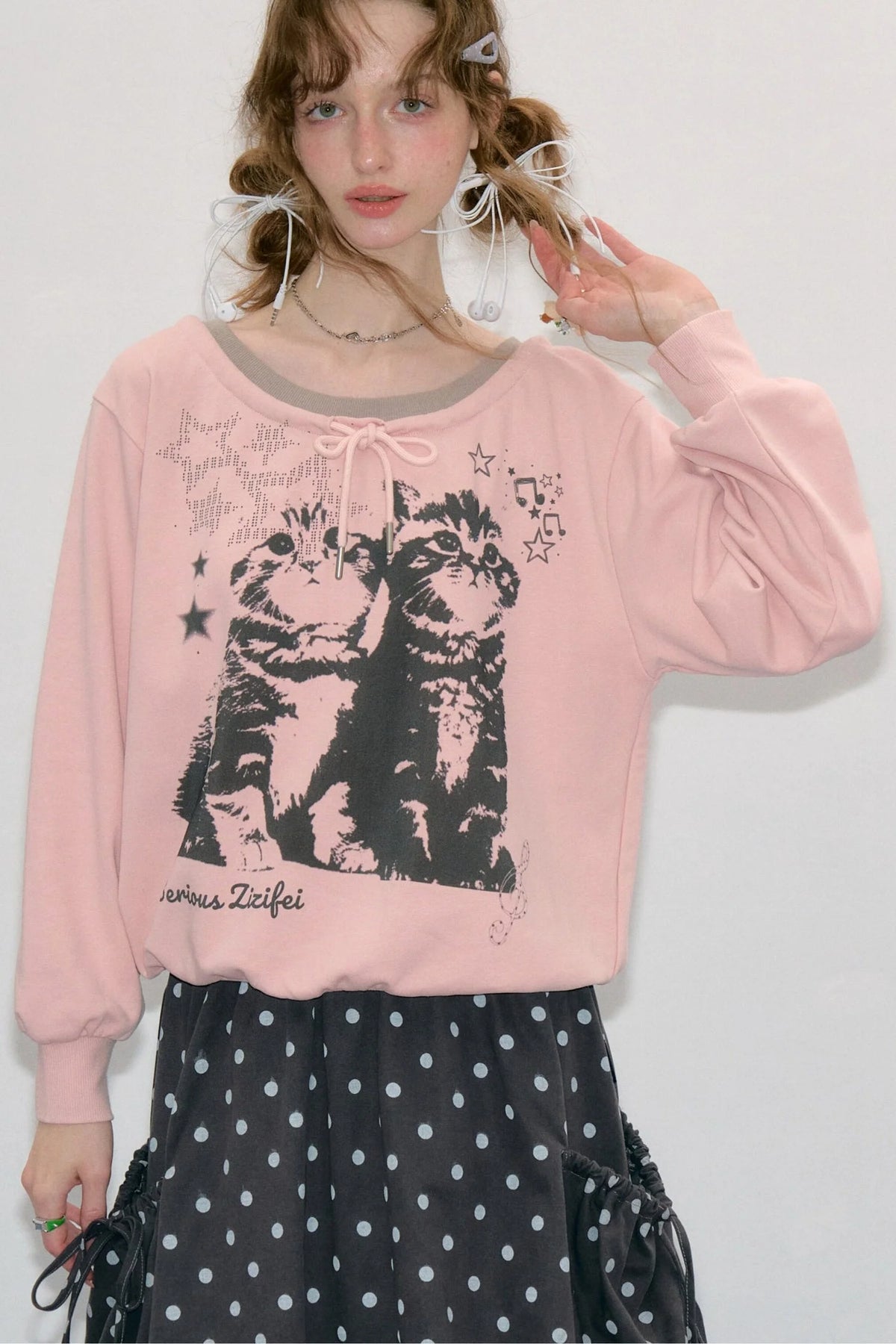 Pink Cat Print Tie Neck Sweatshirt