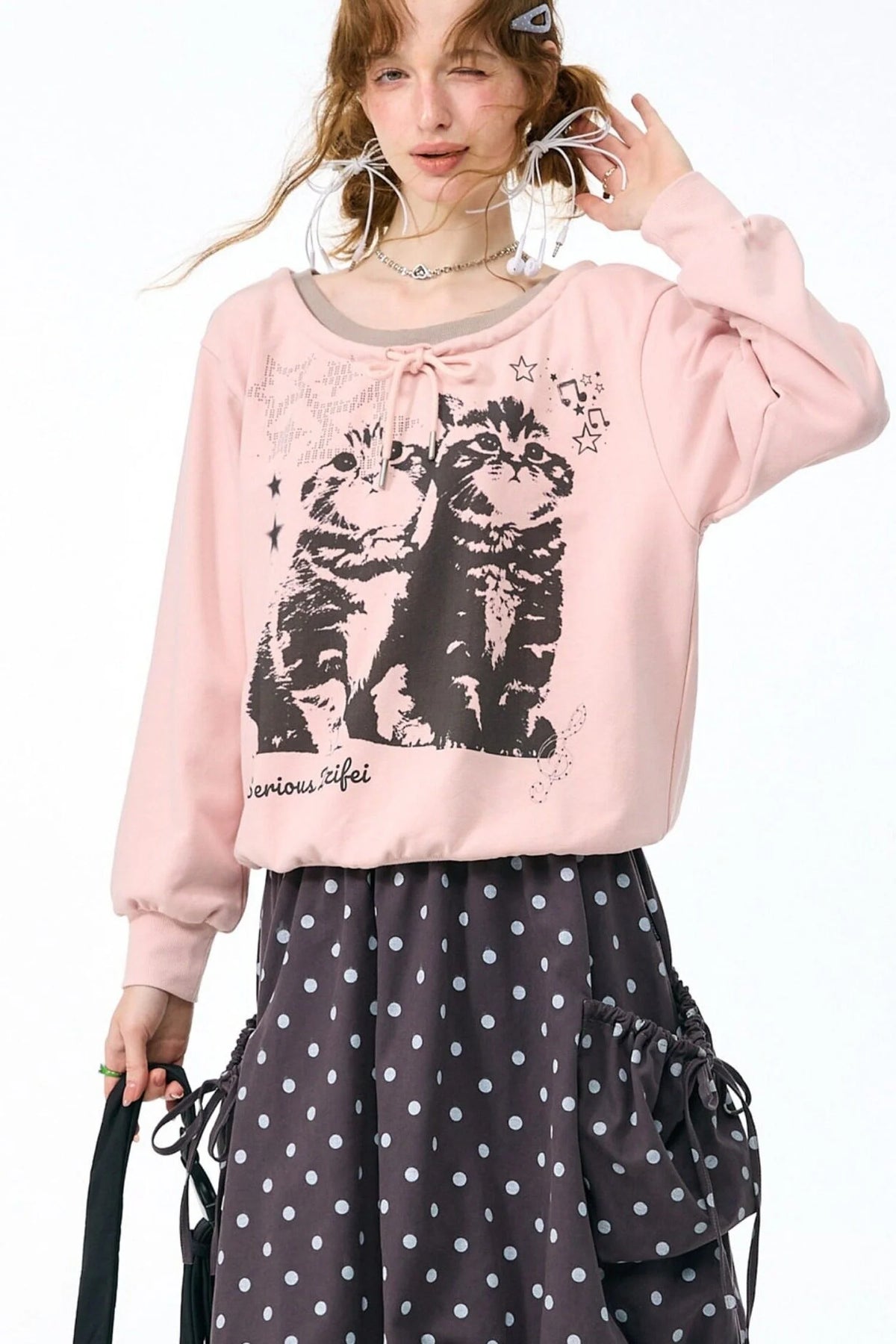 Pink Cat Print Tie Neck Sweatshirt