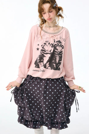 Pink Cat Print Tie Neck Sweatshirt
