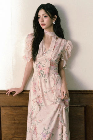 Pink Chiffon V-Neck Summer Dress