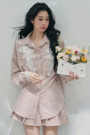 Pink Clouds Lace Shirt Skirt Set-Up