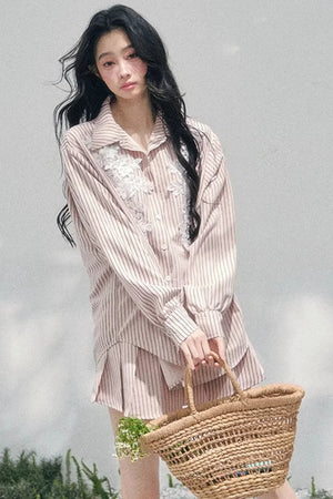 Pink Clouds Lace Shirt Skirt Set-Up