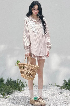 Pink Clouds Lace Shirt Skirt Set-Up