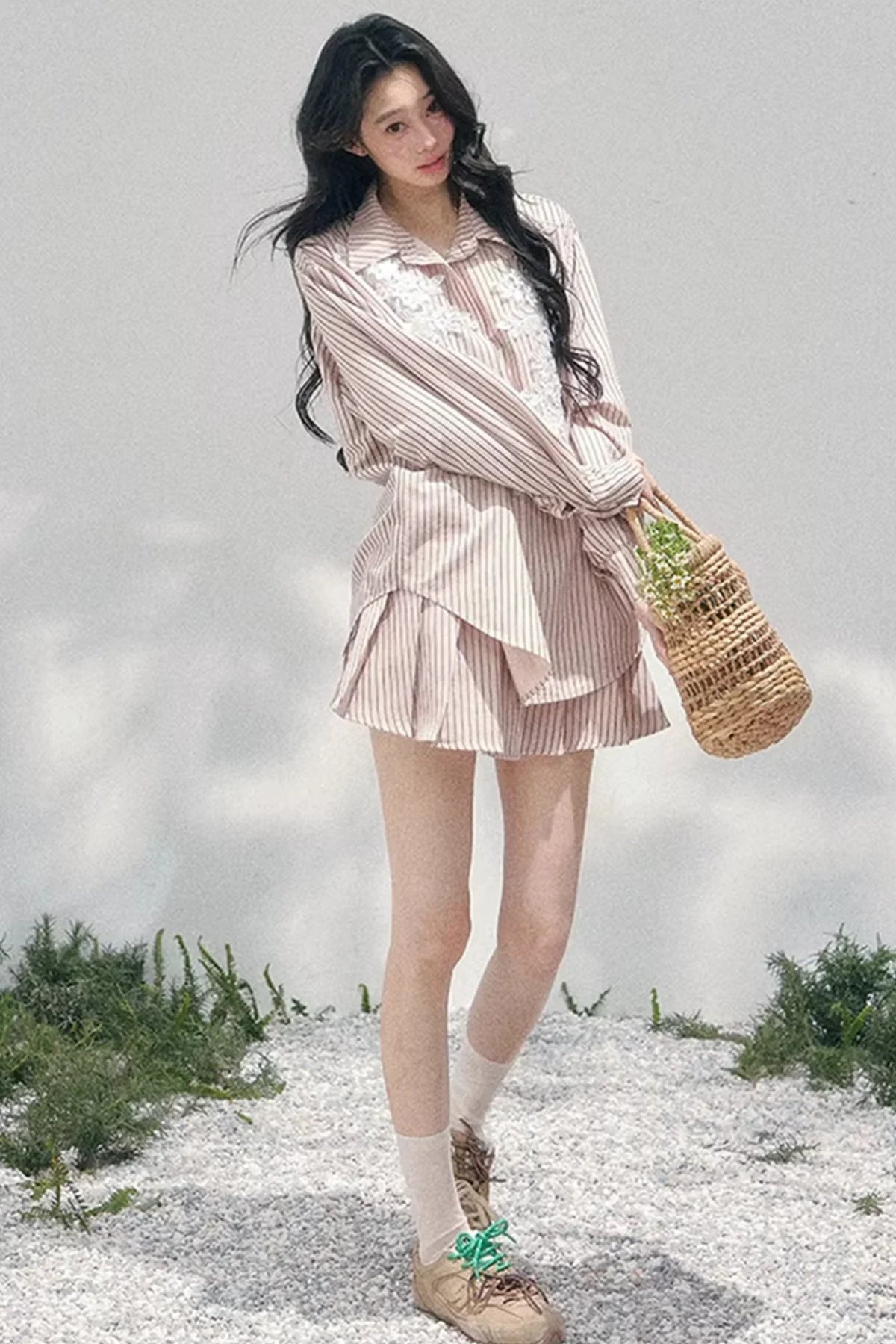 Pink Clouds Lace Shirt Skirt Set-Up