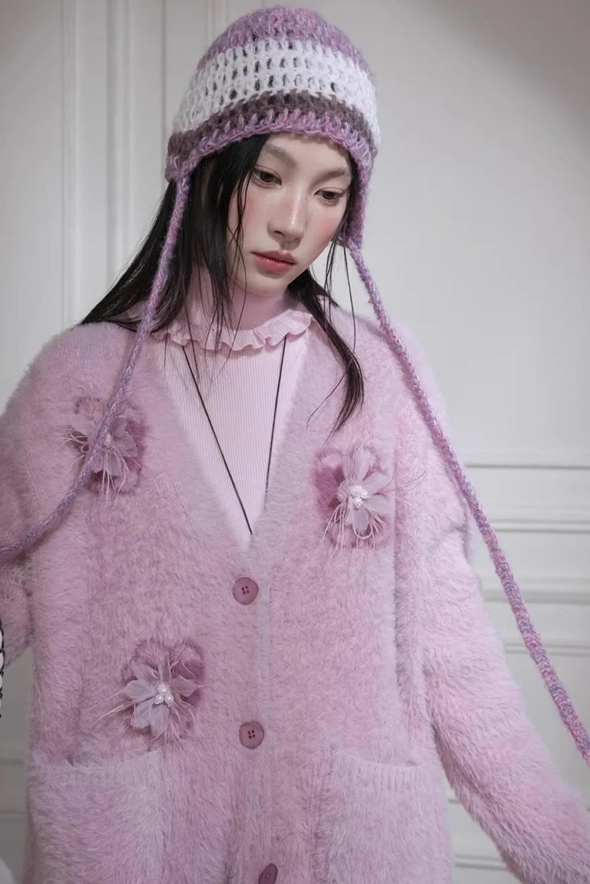 Pink Feather Flower Cardigan