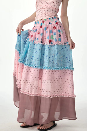 Pink Floral Polka Dot Tiered Skirt