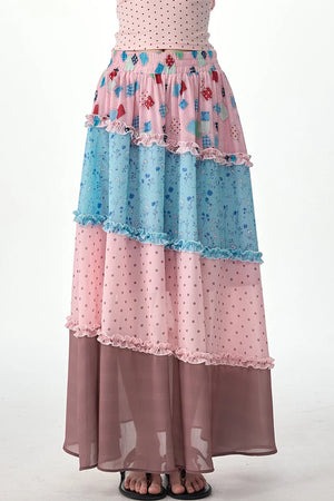 Pink Floral Polka Dot Tiered Skirt