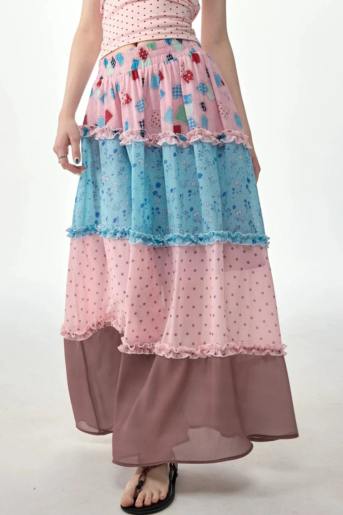 Pink Floral Polka Dot Tiered Skirt