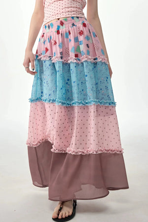 Pink Floral Polka Dot Tiered Skirt