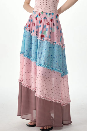 Pink Floral Polka Dot Tiered Skirt