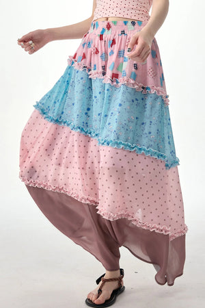 Pink Floral Polka Dot Tiered Skirt