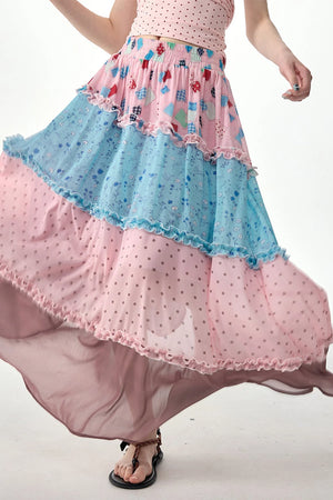 Pink Floral Polka Dot Tiered Skirt