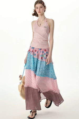 Pink Floral Polka Dot Tiered Skirt