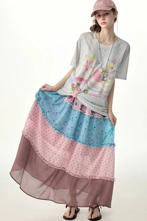 Pink Floral Polka Dot Tiered Skirt