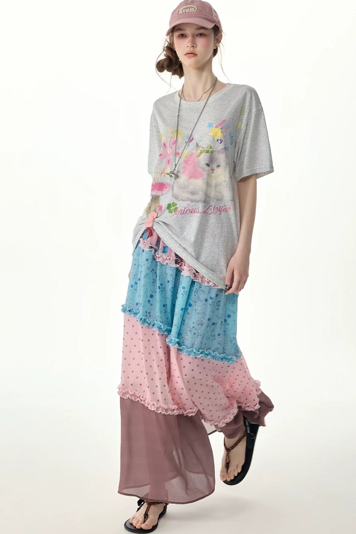Pink Floral Polka Dot Tiered Skirt