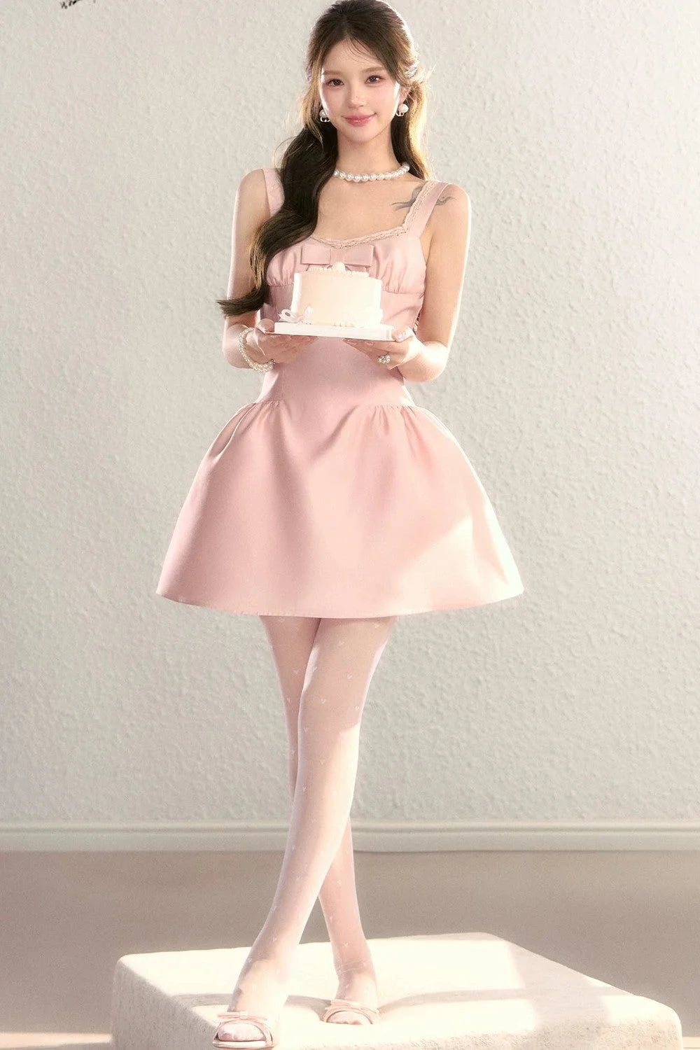 Pink French Bowknot U-Neck Dress