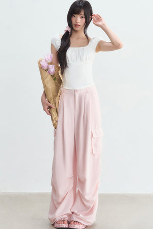 Pink High-Waisted Wide-Leg Cargo Pants