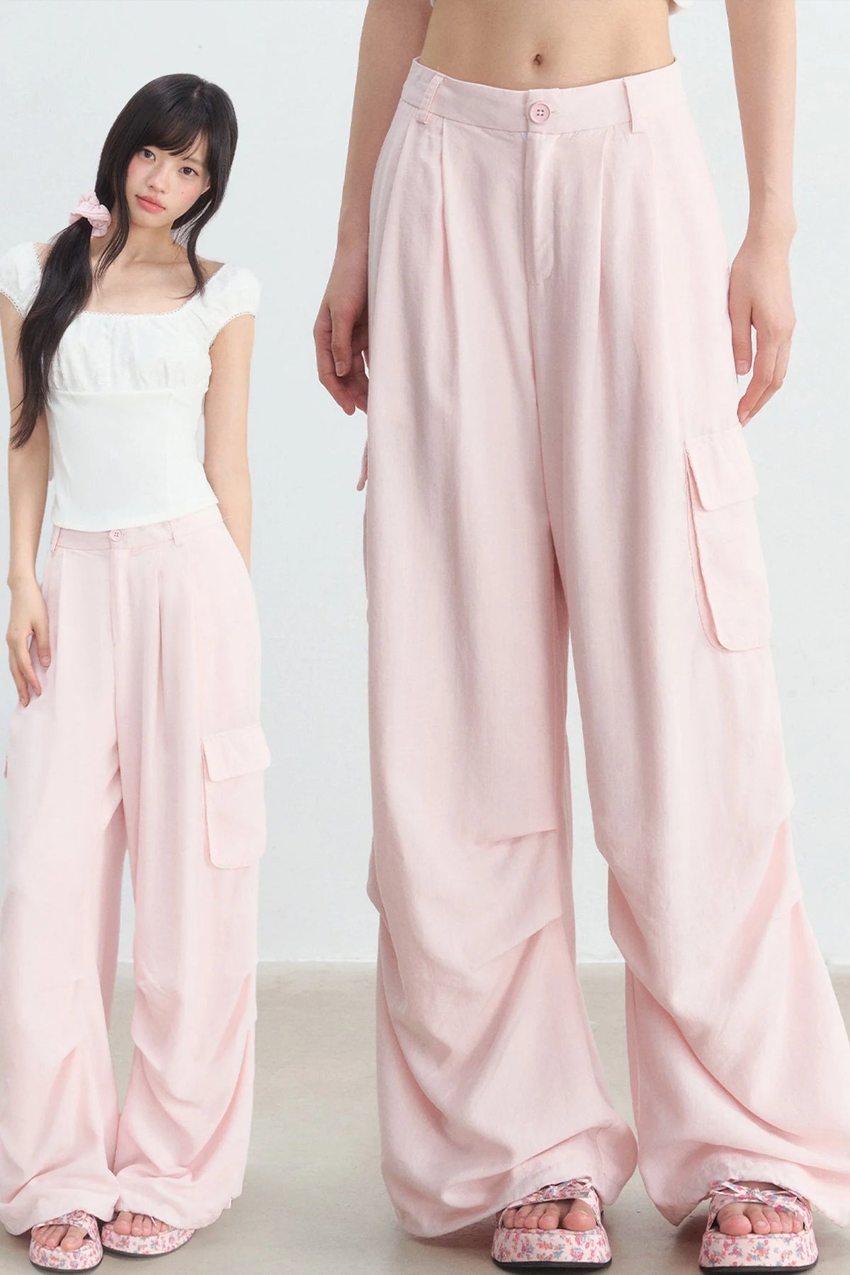 Pink High-Waisted Wide-Leg Cargo Pants