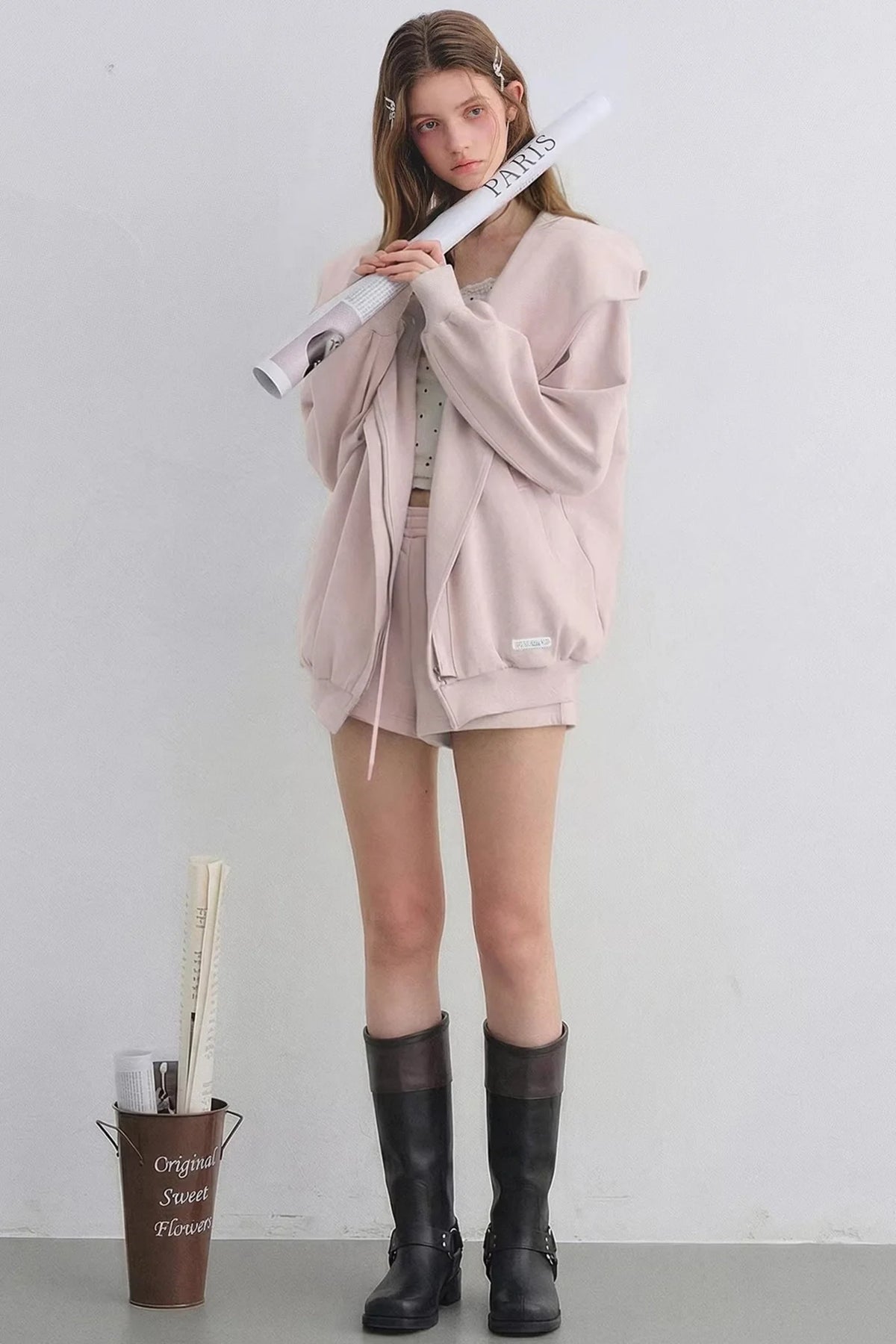 Pink Hooded Zip-Up Jacket Set-Up