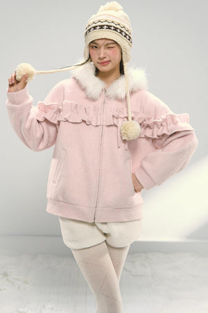 Pink Lace Fur Hooded Tweed Jacket