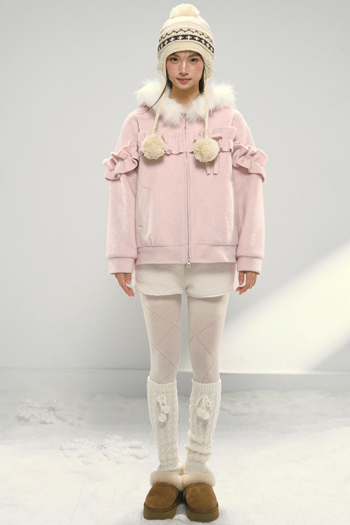Pink Lace Fur Hooded Tweed Jacket