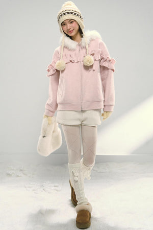Pink Lace Fur Hooded Tweed Jacket