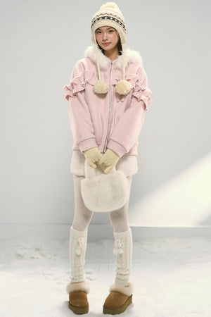 Pink Lace Fur Hooded Tweed Jacket