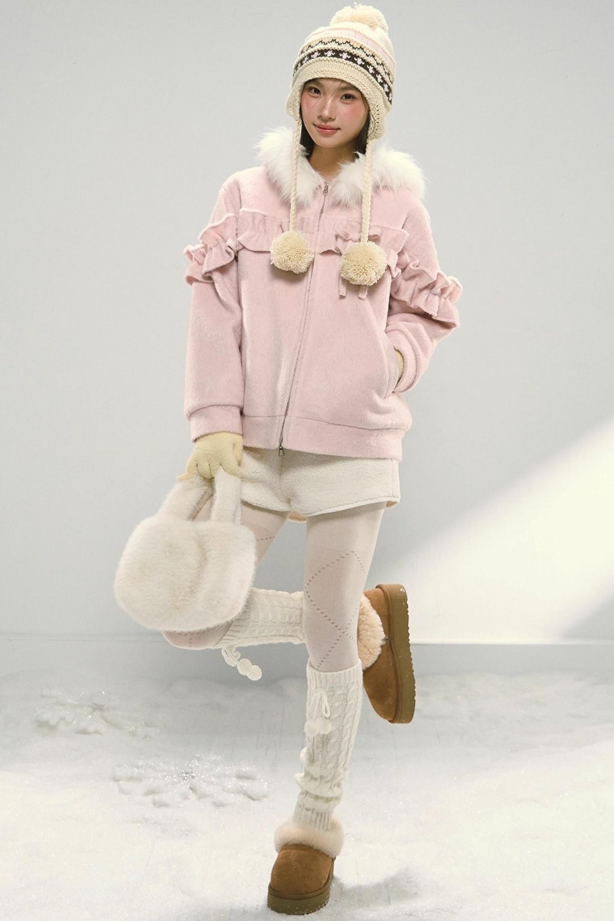Pink Lace Fur Hooded Tweed Jacket
