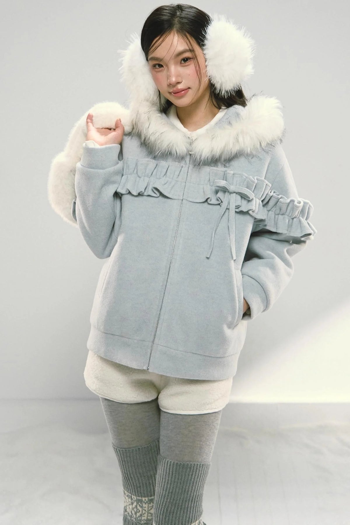 Pink Lace Fur Hooded Tweed Jacket