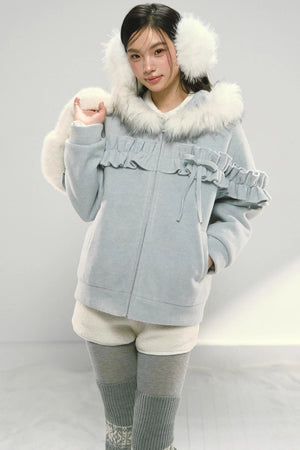 Pink Lace Fur Hooded Tweed Jacket