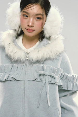 Pink Lace Fur Hooded Tweed Jacket