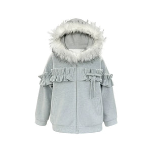 Pink Lace Fur Hooded Tweed Jacket