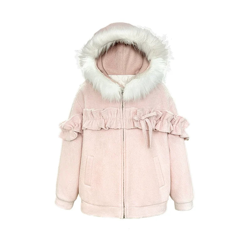Pink Lace Fur Hooded Tweed Jacket